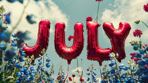 Wallpaper Mural ruby red color foil balloons shaped text "JULY" with flying delphinium flowers against a sunny sky Torontodigital.ca