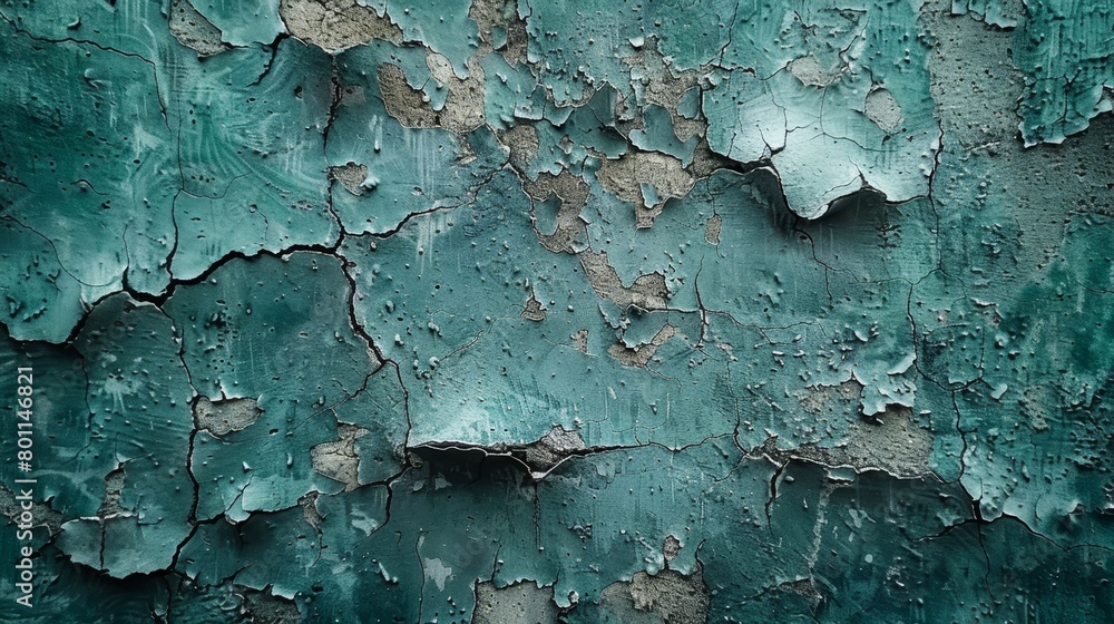 A tight shot of a green-and-white wall with peeling paint and a clock adjacent A tight shot of a green-and-white wall with peeling paint and a clock adjacent