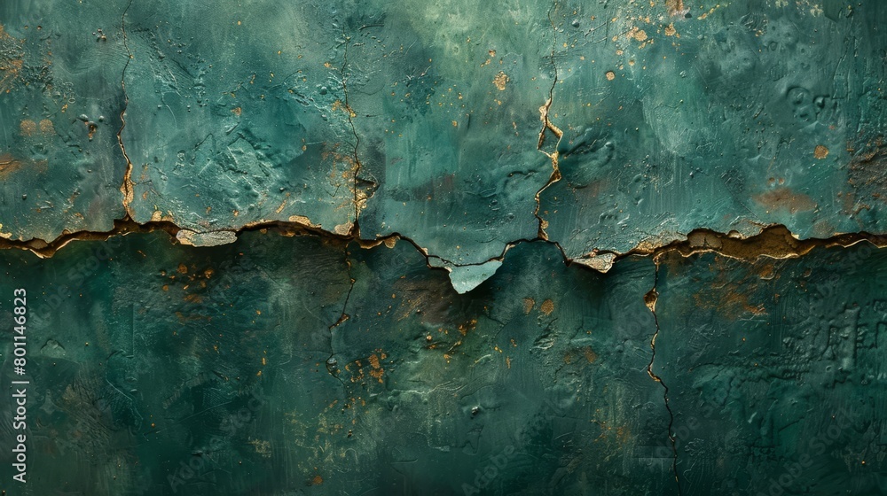 green and gold hues dominate, contrasting with peeling paint green and gold hues dominate, contrasting with peeling paint
