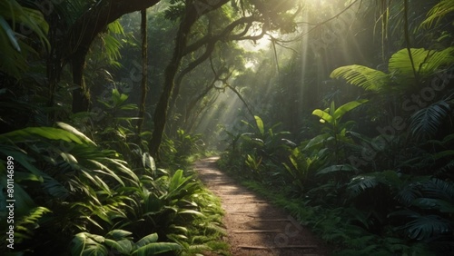 photorealistic tropical rainforest path in breathtaking natural setting