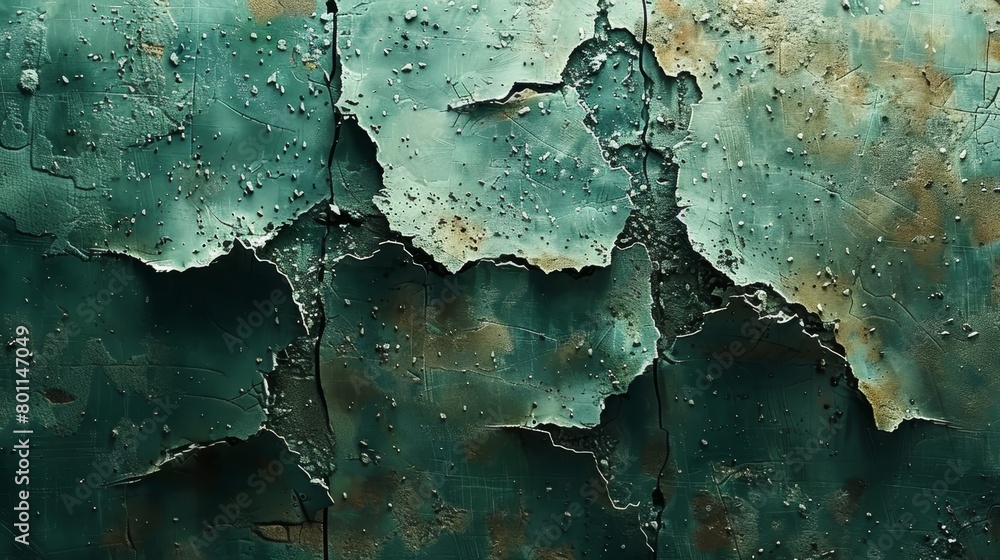 A tight shot of a green paint patch with water droplets on its surface and peeling paint edges A tight shot of a green paint patch with water droplets on its surface and peeling paint edges