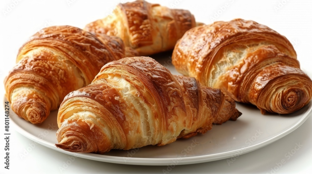 A white countertop holds a plate with croissants, adjacent lies an identical one A white countertop holds a plate with croissants, adjacent lies an identical one
