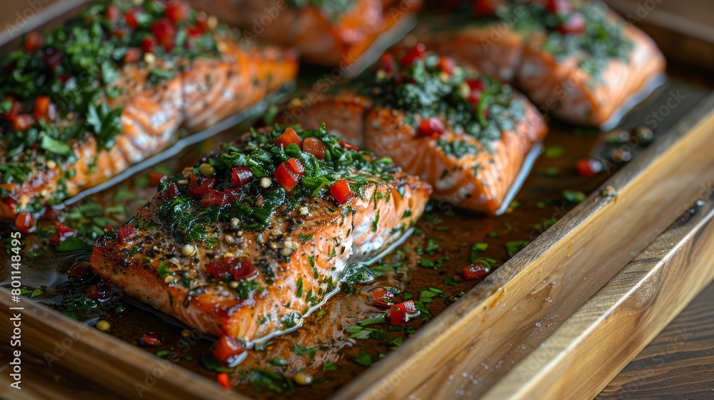  salmon is coated in sauce, garnished with herbs, and adorned with red peppers