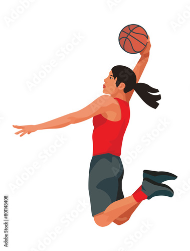 Asian women's basketball girl player in a red jersey in profile who jumps high to dunk the ball into the hoop