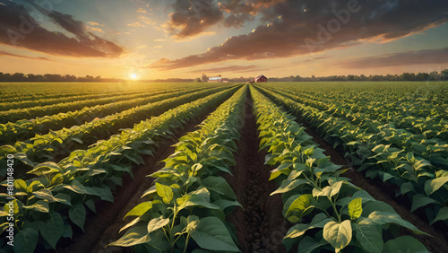 Soybean field with rows of green soya bean plants at sunset.Agricultural industry farm groving genetically modefided food on field.Generative AI