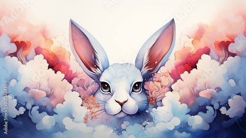 Rabbit in colored clouds, a festive greeting card for Easter in watercolor style