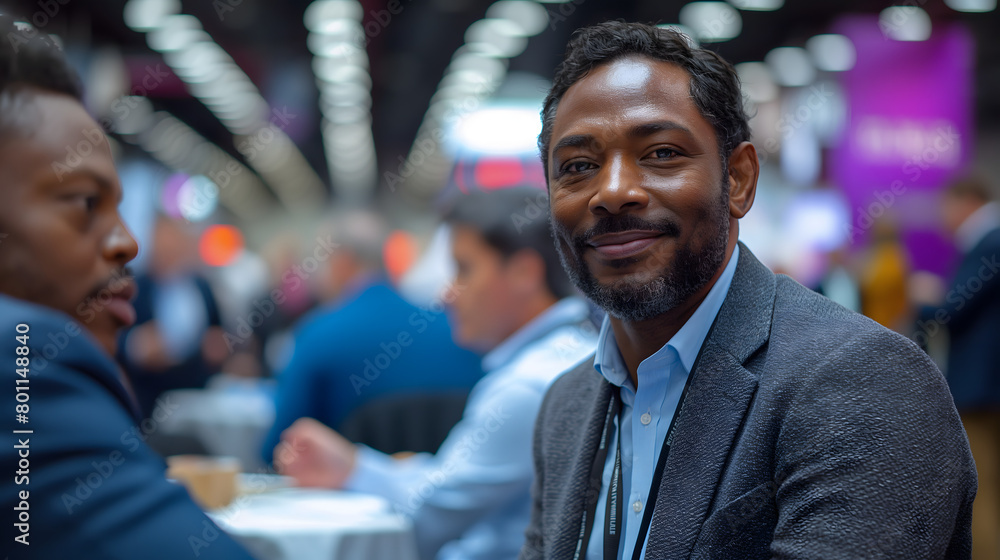 A smiling African American businessin a suit walks past a cafe with people socializing outdoors A smiling African American businessin a suit walks past a cafe with people socializing outdoors