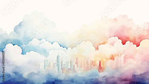 Urban landscape in pink and blue clouds, background postcard in watercolor style