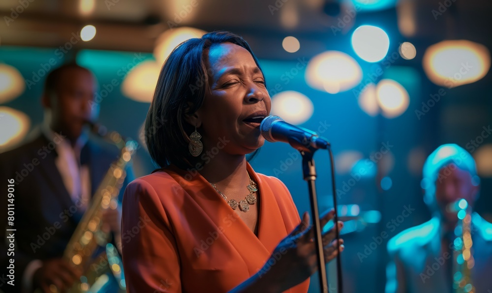 A female jazz singer performing with a band in the background A female jazz singer performing with a band in the background