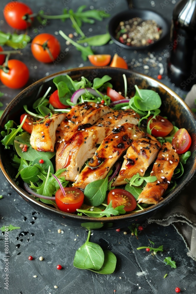 Delicious grilled chicken breast with garden fresh vegetables for a nutritious meal Delicious grilled chicken breast with garden fresh vegetables for a nutritious meal