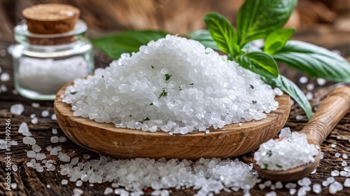   A wooden bowl brimming with sea salt Nearby, a wooden spoon holding a dusting of sea salt A verdant leaf present