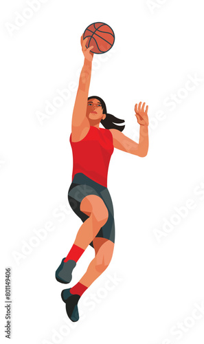 Japanese women's basketball girl player in red jersey who jumps high to shoot the ball into the hoop