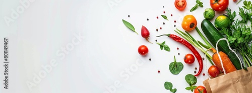 Flat lay of vegetables and fruits in paper bags on white background.