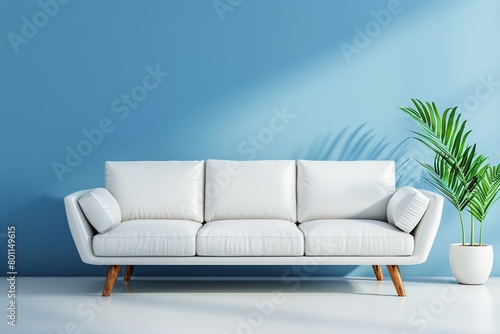White sofa on blue wall background with copy space and green plants beside it © Doni_Art