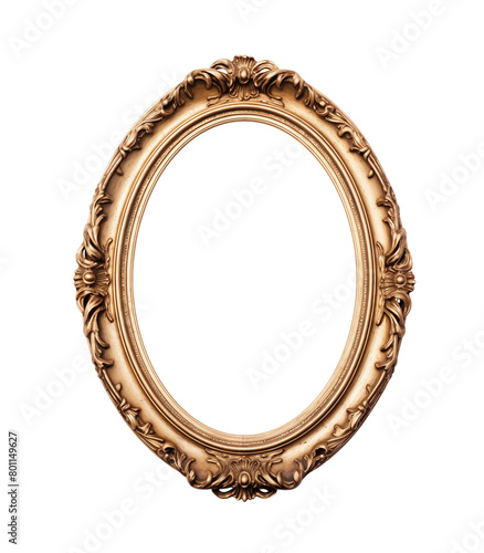 Ornate oval vintage picture frame with intricate floral designs, crafted in bronze tones, isolated on transparent background. Generative AI