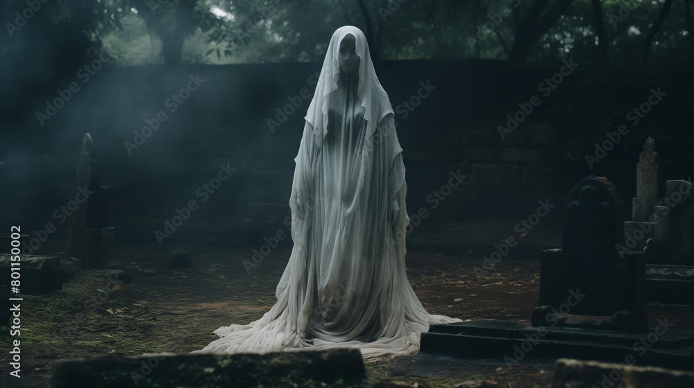 Ghost standing in the graveyard with white dress