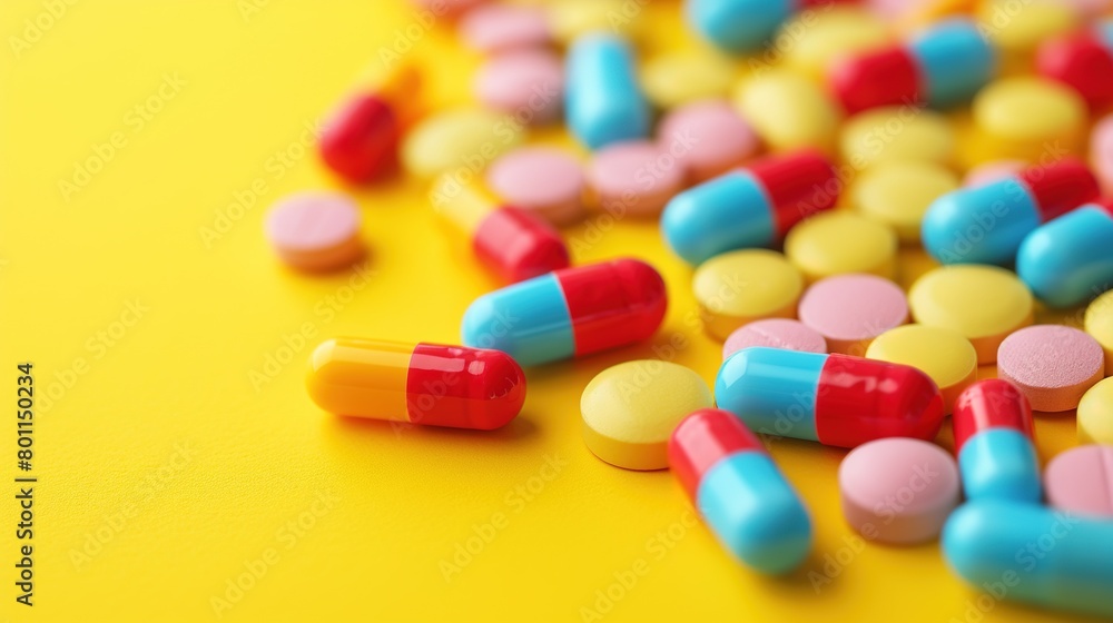 Assorted pharmaceutical medicine pills, tablets and capsules.Pills background. Heap of assorted various medicine tablets and pills different colors on white background. Health care.Top view