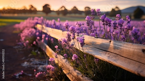 Wooden fence with lavender flowers in background