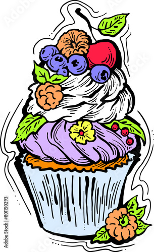 Sweet tasty dessert cupcake with cream and deco for morning breakfast in caf   or restaurant. Mini birthday cake for pleasure. Hand drawn retro vintage colorful vector illustration. Old style drawing.