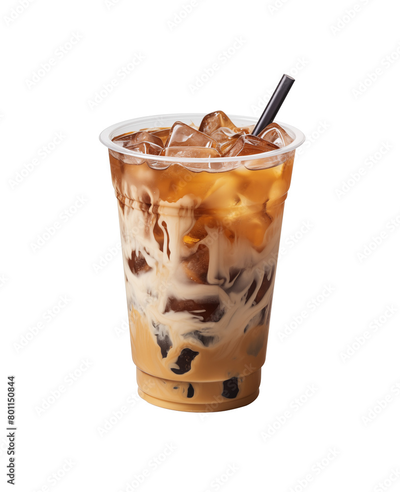 Iced caramel macchiato in a plastic cup, showing the beautiful swirls of coffee, milk, and caramel. Generative AI Iced caramel macchiato in a plastic cup, showing the beautiful swirls of coffee, milk, and caramel. Generative AI