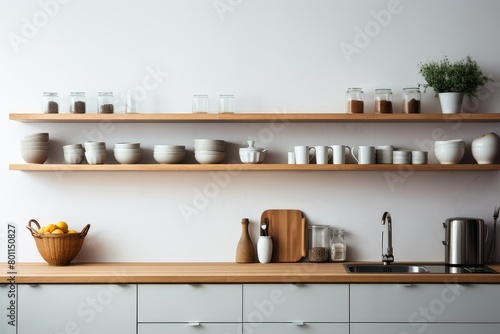 A minimalist kitchen featuring a wooden counter top with shelves neatly arranged with various dishes. Generative AI