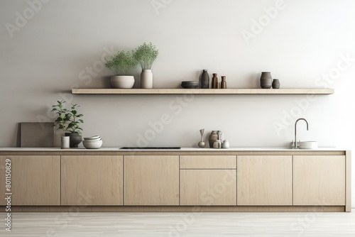A minimalist kitchen featuring two shelves mounted above the sink area for storage and display purposes. Generative AI