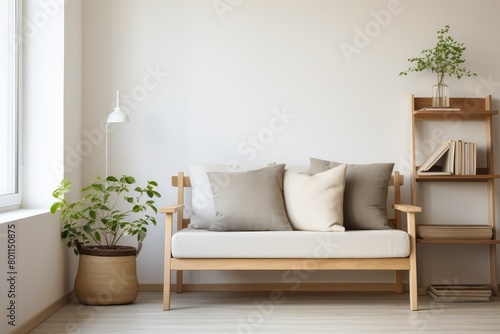 A minimalist living room featuring a comfortable couch  a sleek bookshelf  and a vibrant potted plant. Generative AI