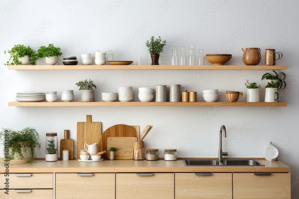 A kitchen with minimalist design, showcasing wooden shelves brimming with pots and pans. Generative AI A kitchen with minimalist design, showcasing wooden shelves brimming with pots and pans. Generative AI
