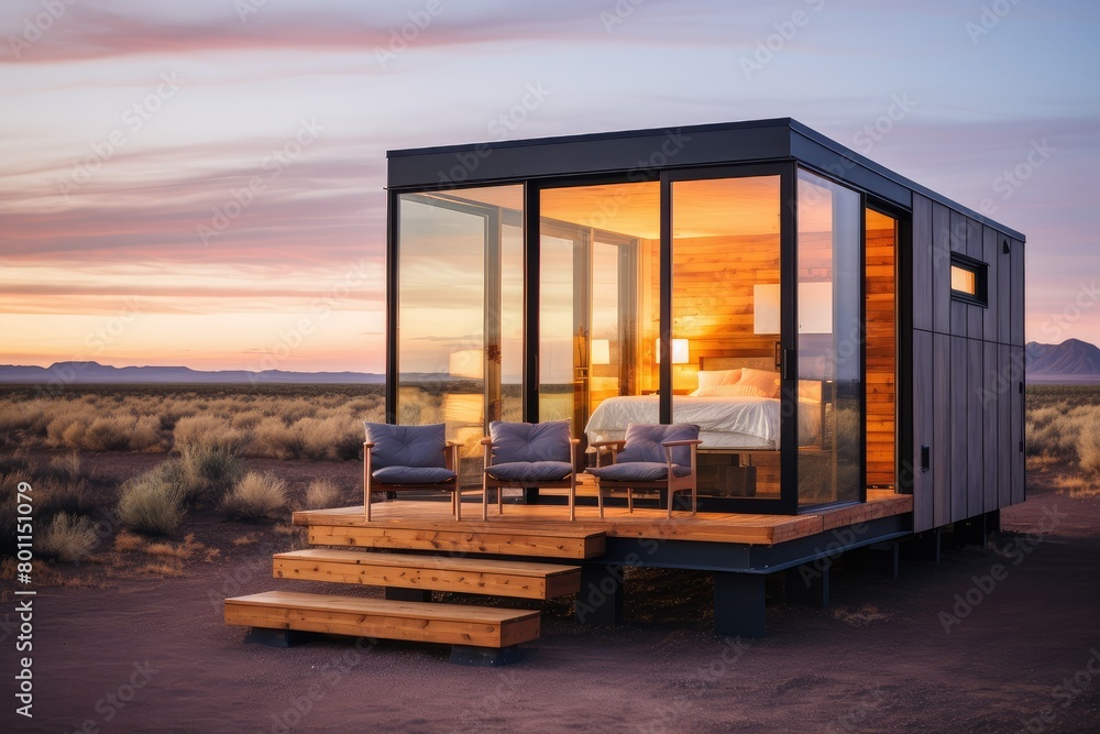 Fototapeta premium A small, minimalist caravan home stands alone in the vast desert landscape under a clear sky. Generative AI