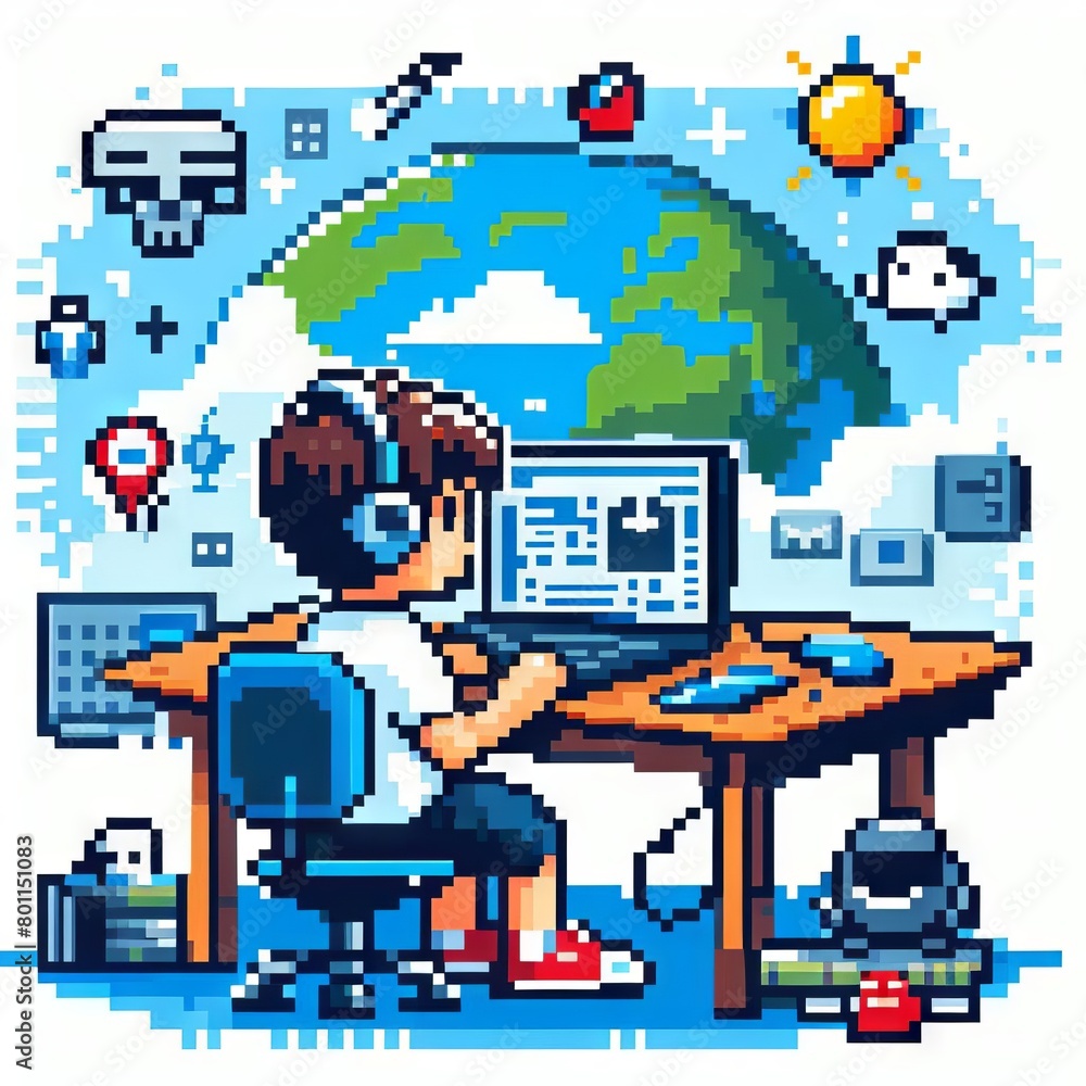 boy working on a laptop at home. Pixel art graphics