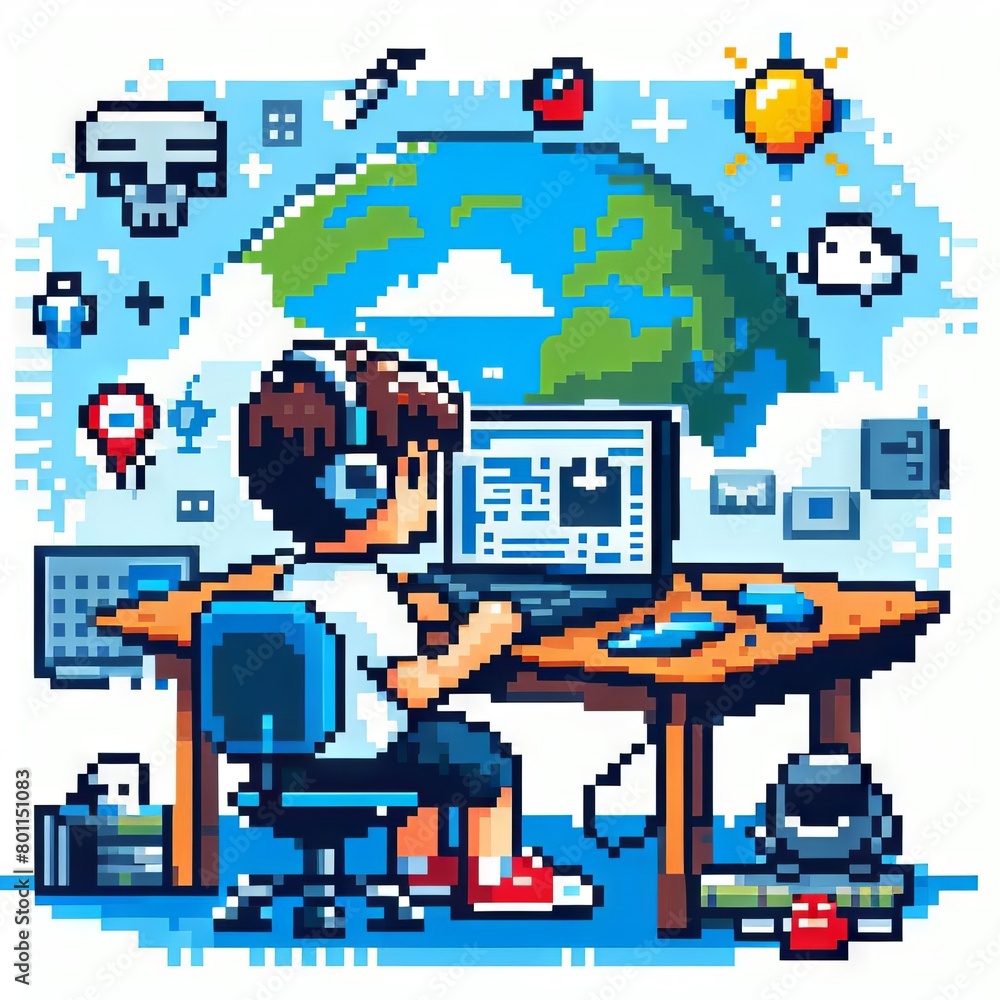 Obraz premium boy working on a laptop at home. Pixel art graphics