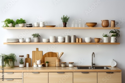 A kitchen with minimalist design, showcasing wooden shelves brimming with pots and pans. Generative AI