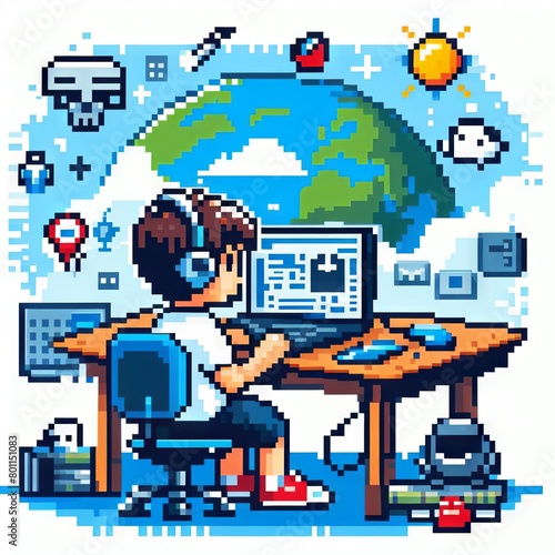 boy working on a laptop at home. Pixel art graphics © Elena