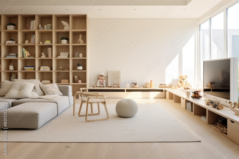 Fototapeta premium A room filled with various furniture pieces and a large flat screen TV mounted on the wall. Generative AI