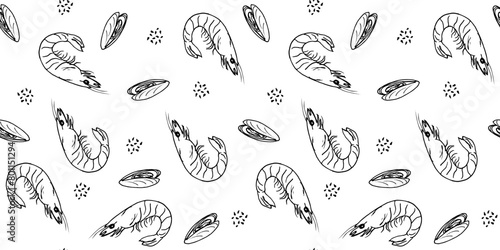 Seamless vector pattern of seafood. Shrimp and mussels on white background. Doodle illustration of sea food.