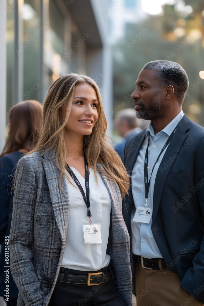 A smiling African American businessin a suit walks past a cafe with people socializing outdoors A smiling African American businessin a suit walks past a cafe with people socializing outdoors