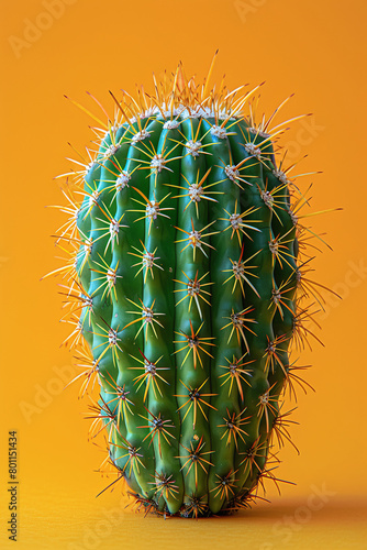 A vibrant green cactus with sharp spines against a bright orange background.