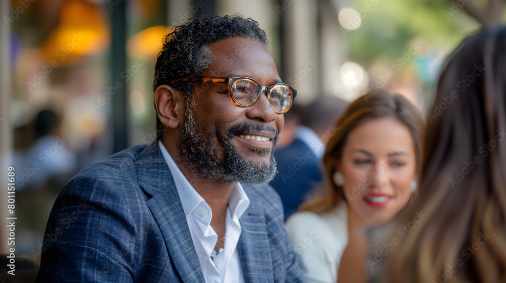 A smiling African American businessin a suit walks past a cafe with people socializing outdoors A smiling African American businessin a suit walks past a cafe with people socializing outdoors