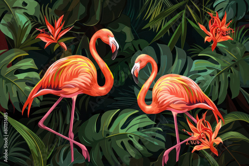 Tropical flowers, palm leaves, jungle plants, orchid, bird of paradise flower, pink flamingos.