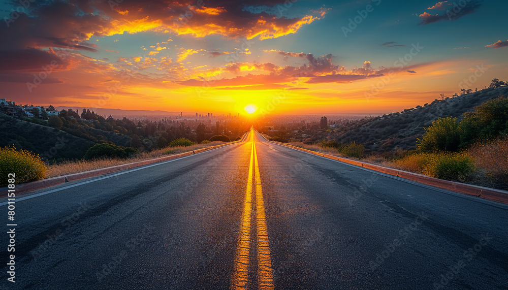 The perspective of the road against the background of sunset and the cityscape