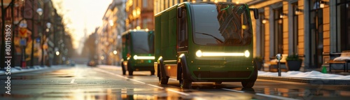 Two green electric delivery trucks are driving down a city street photo