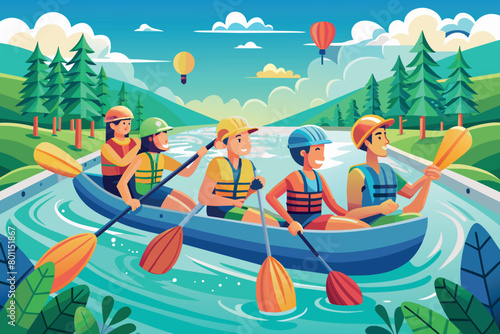A merry group of friends rafting on a large mountain lake or river in the middle of the wilderness. Academic rowing