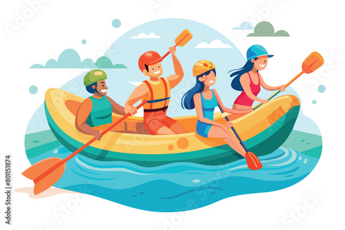 A merry group of friends rafting on a large mountain lake or river in the middle of the wilderness. Academic rowing