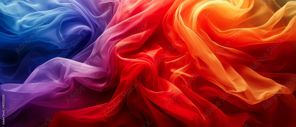 Obraz premium Abstract colorful of silky fabrics flowing in a seamless blend of blue, purple, red, and orange colors. Background of Flowing fabrics of Silk in Vivid Hues