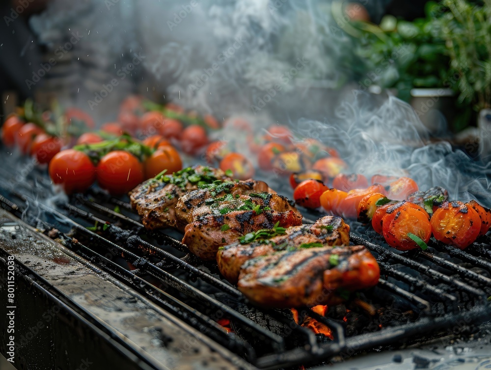 Constructing a Raised Bed for Cooking Over Hot Coals - Culinary Ingenuity - Outdoor Cooking Photography with Chef Grilling Meats and Vegetables on Raised Grate - Smoke Rising from Sizzling Food