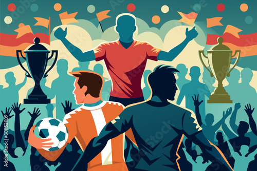 The concept of winning at sporting events. Rewards in the idea of cups, lots of participants and a satisfied crowd.