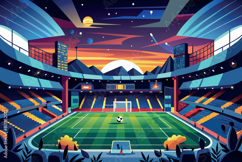 soccer stadium in the center of a big city. The concept of competition and sports games. Empty stands in the evening.