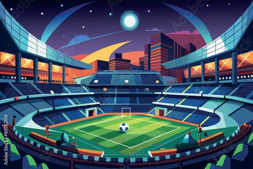 soccer stadium in the center of a big city. The concept of competition and sports games. Empty stands in the evening.