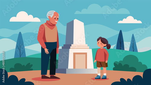 A painting or drawing of a grandparent and grandchild standing in front of a monument or memorial dedicated to the countrys founding with the. Vector illustration