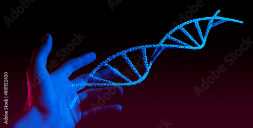 scientist or doctor touching hold the hologram of dna blood helix cell; medical healthcare science laboratory photo